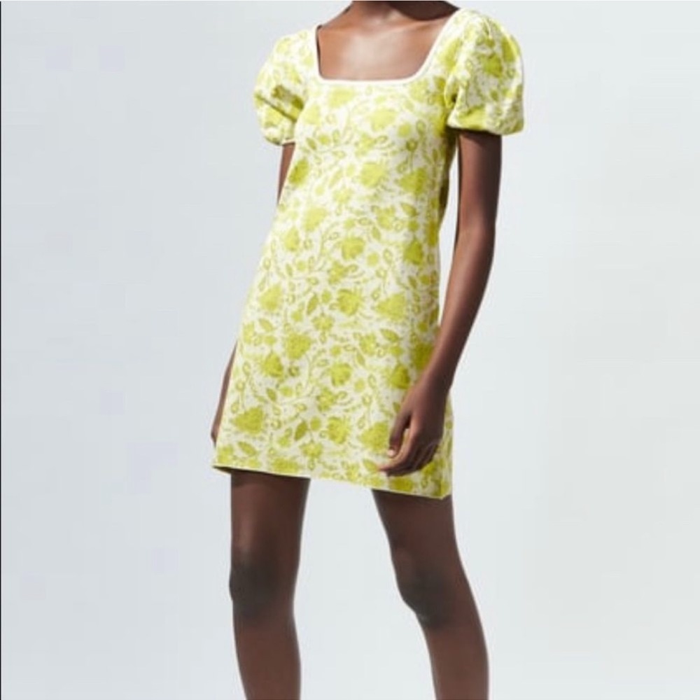 Zara Jacquard Yellow Floral Puff-Sleeve Mini Dress